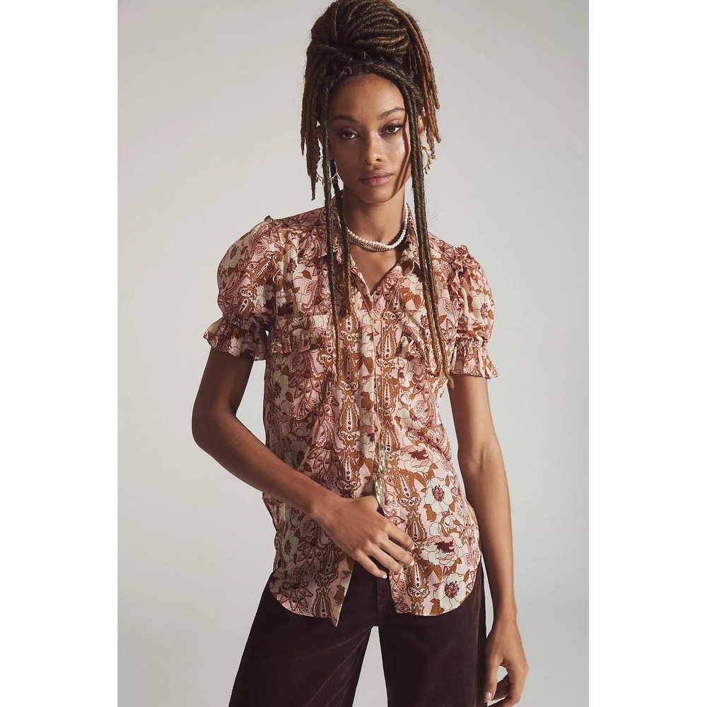 MISA Los Angeles Pink Floral Paisley Lurex Button Down Ruffle Top XL